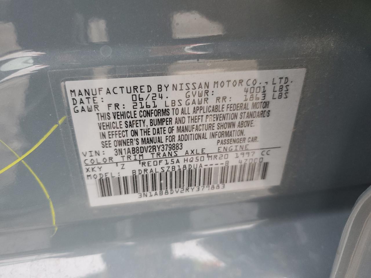 2024 NISSAN SENTRA SR VIN:3N1AB8DV2RY379883