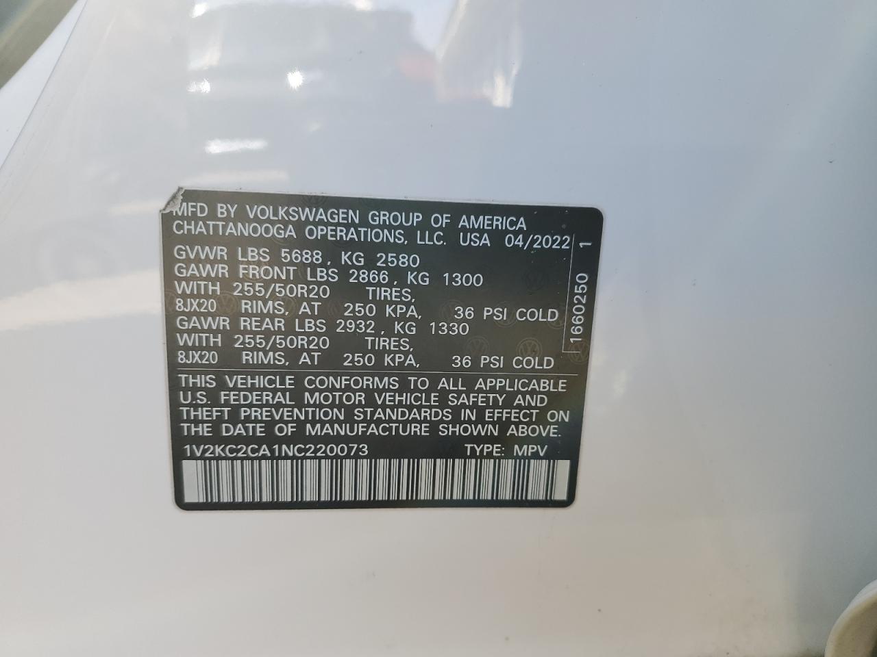 2022 VOLKSWAGEN ATLAS CROSS SPORT SE VIN:1V2KC2CA1NC220073