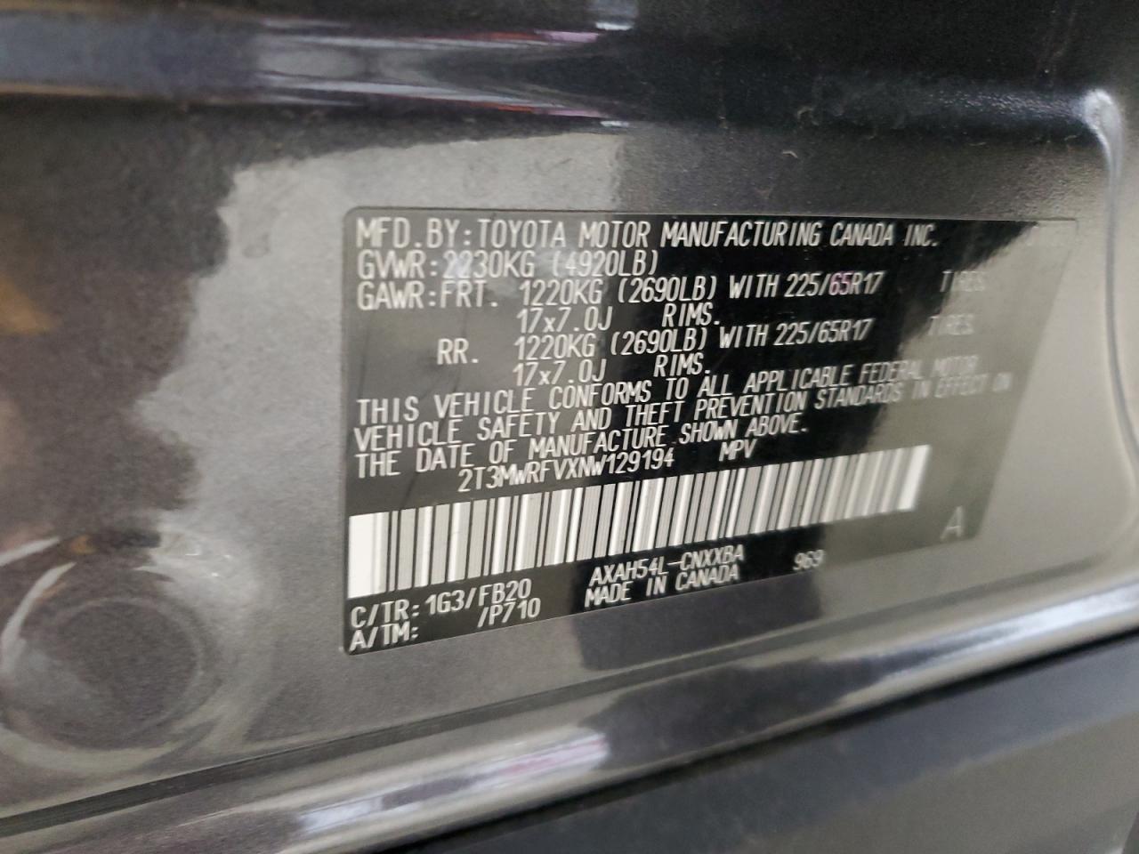 2022 TOYOTA RAV4 LE VIN:2T3MWRFVXNW129194