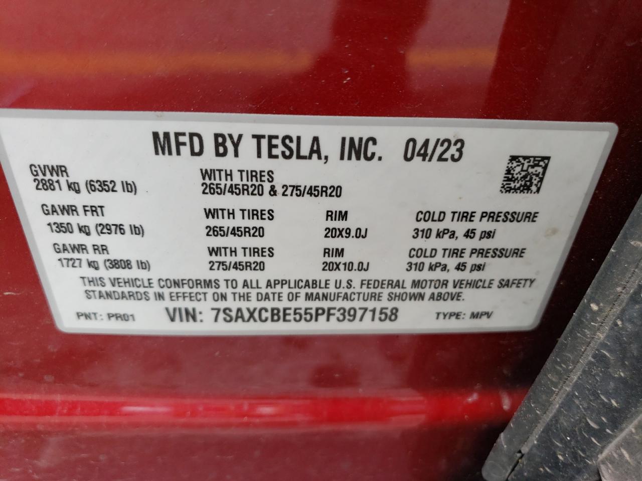 2023 TESLA MODEL X  VIN:7SAXCBE55PF397158