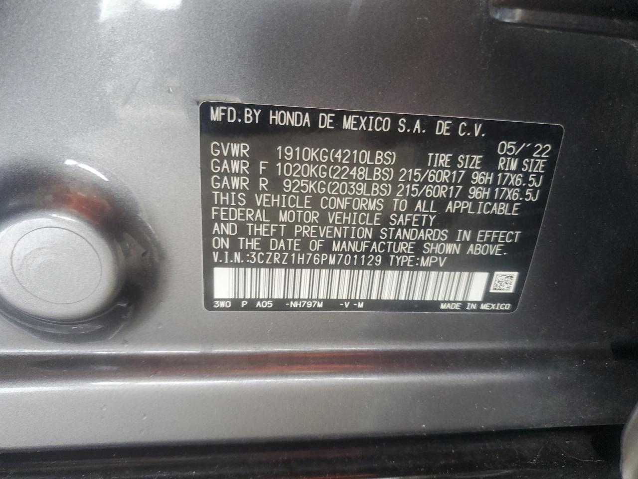 2023 HONDA HR-V EXL VIN:3CZRZ1H76PM701129