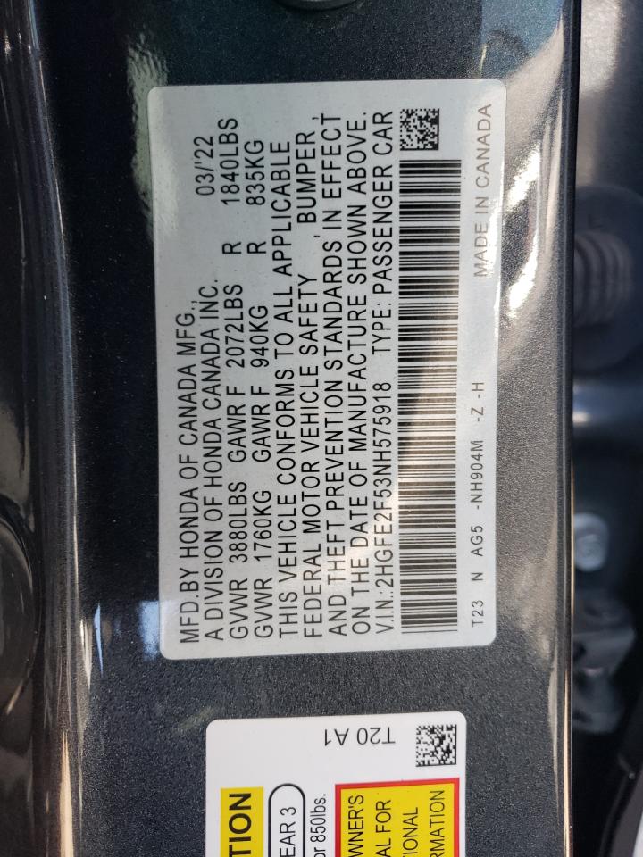 2022 HONDA CIVIC SPORT VIN:2HGFE2F53NH575918