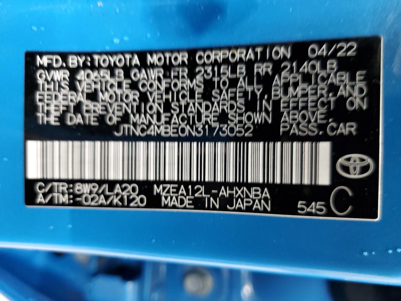 2022 TOYOTA COROLLA XSE VIN:JTNC4MBE0N3173052