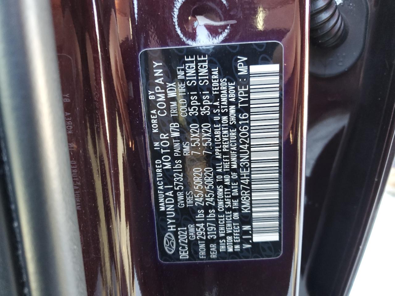 2022 HYUNDAI PALISADE CALLIGRAPHY VIN:KM8R74HE3NU420616