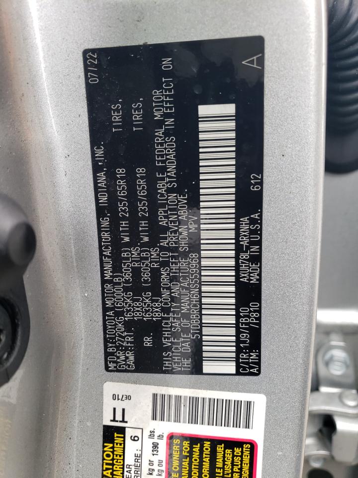 2022 TOYOTA HIGHLANDER HYBRID LE VIN:5TDBBRCH6NS559968
