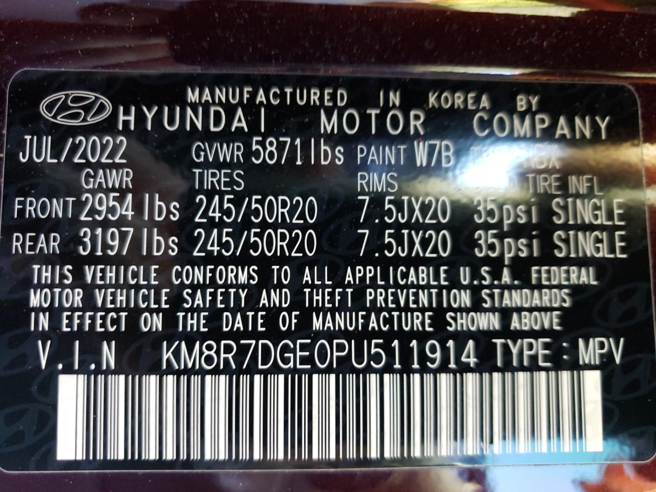 2023 HYUNDAI PALISADE CALLIGRAPHY VIN:KM8R7DGE0PU511914