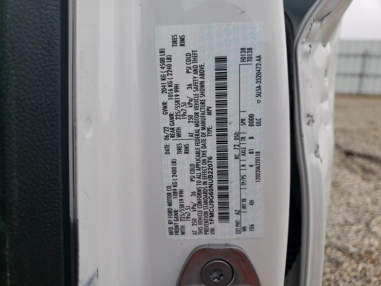 2022 FORD ESCAPE SE VIN:1FMCU9G60NUB22076