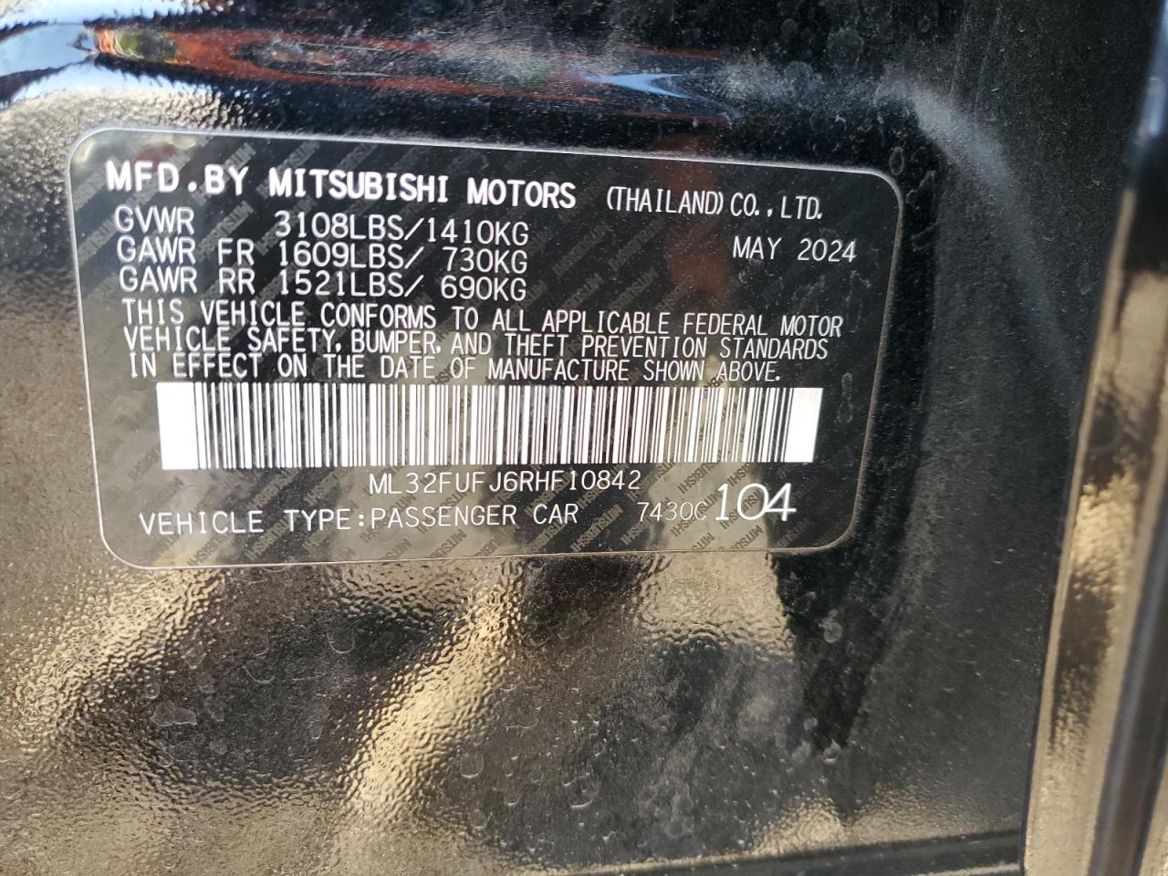 2024 MITSUBISHI MIRAGE G4 ES VIN:ML32FUFJ6RHF10842