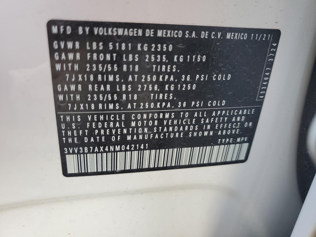 2022 VOLKSWAGEN TIGUAN SE VIN:3VV3B7AX4NM042141