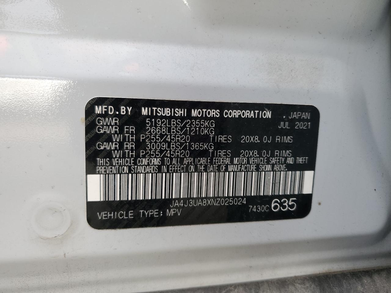 2022 MITSUBISHI OUTLANDER SE VIN:JA4J3UA8XNZ025024