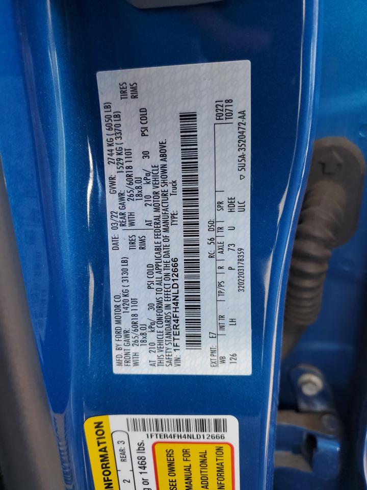 2022 FORD RANGER XL VIN:1FTER4FH4NLD12666