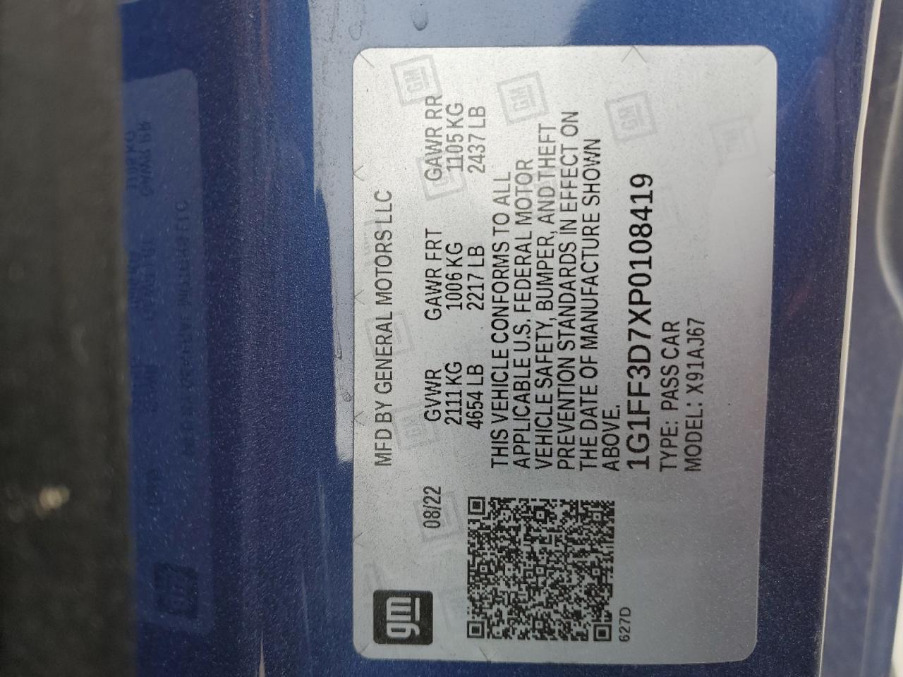 2023 CHEVROLET CAMARO LT1 VIN:1G1FF3D7XP0108419