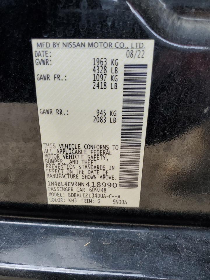 2022 NISSAN ALTIMA SL VIN:1N4BL4EV9NN418990