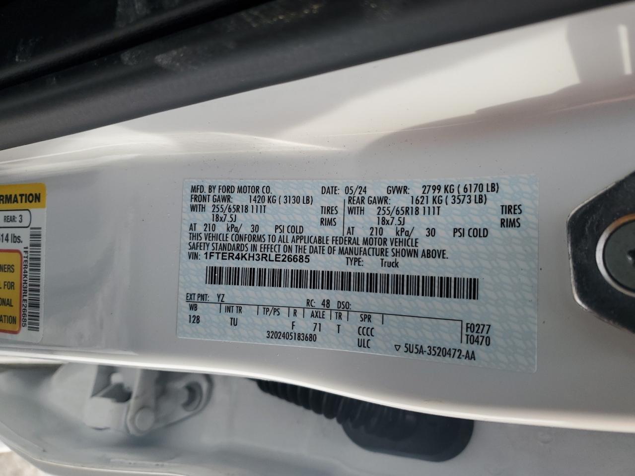 2024 FORD RANGER LARIAT VIN:1FTER4KH3RLE26685
