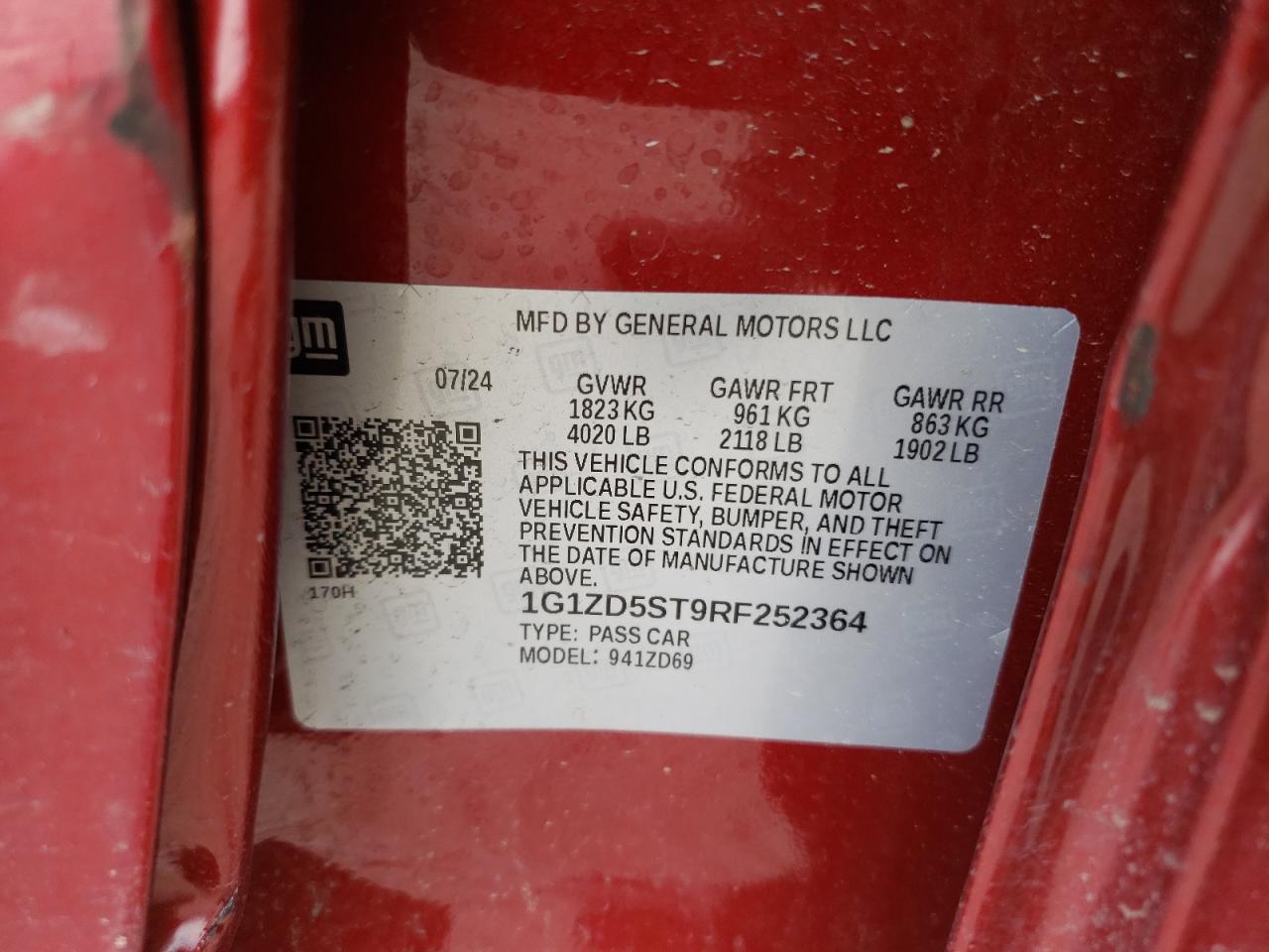 2024 CHEVROLET MALIBU LT VIN:1G1ZD5ST9RF252364