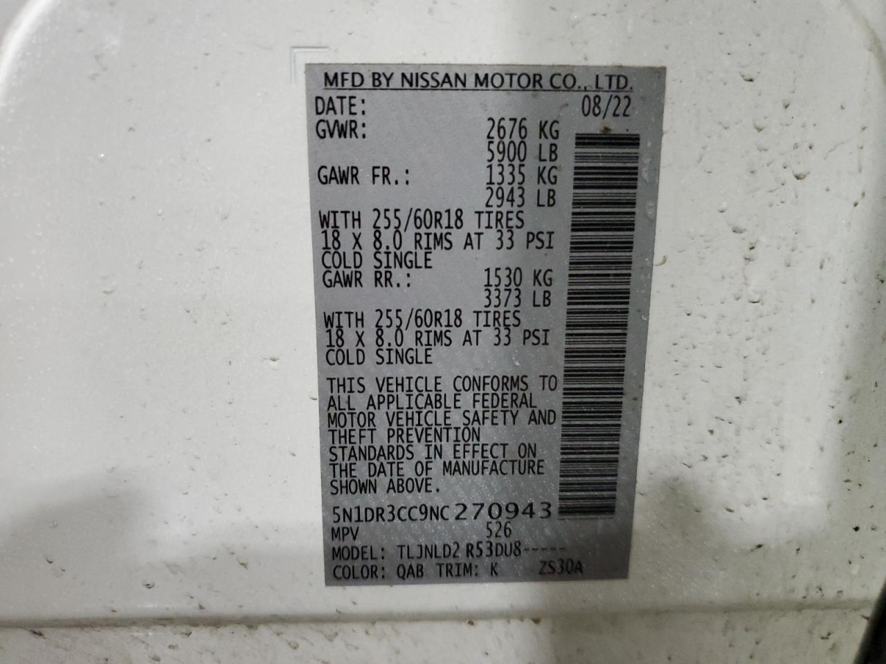 2022 NISSAN PATHFINDER SL VIN:5N1DR3CC9NC270943