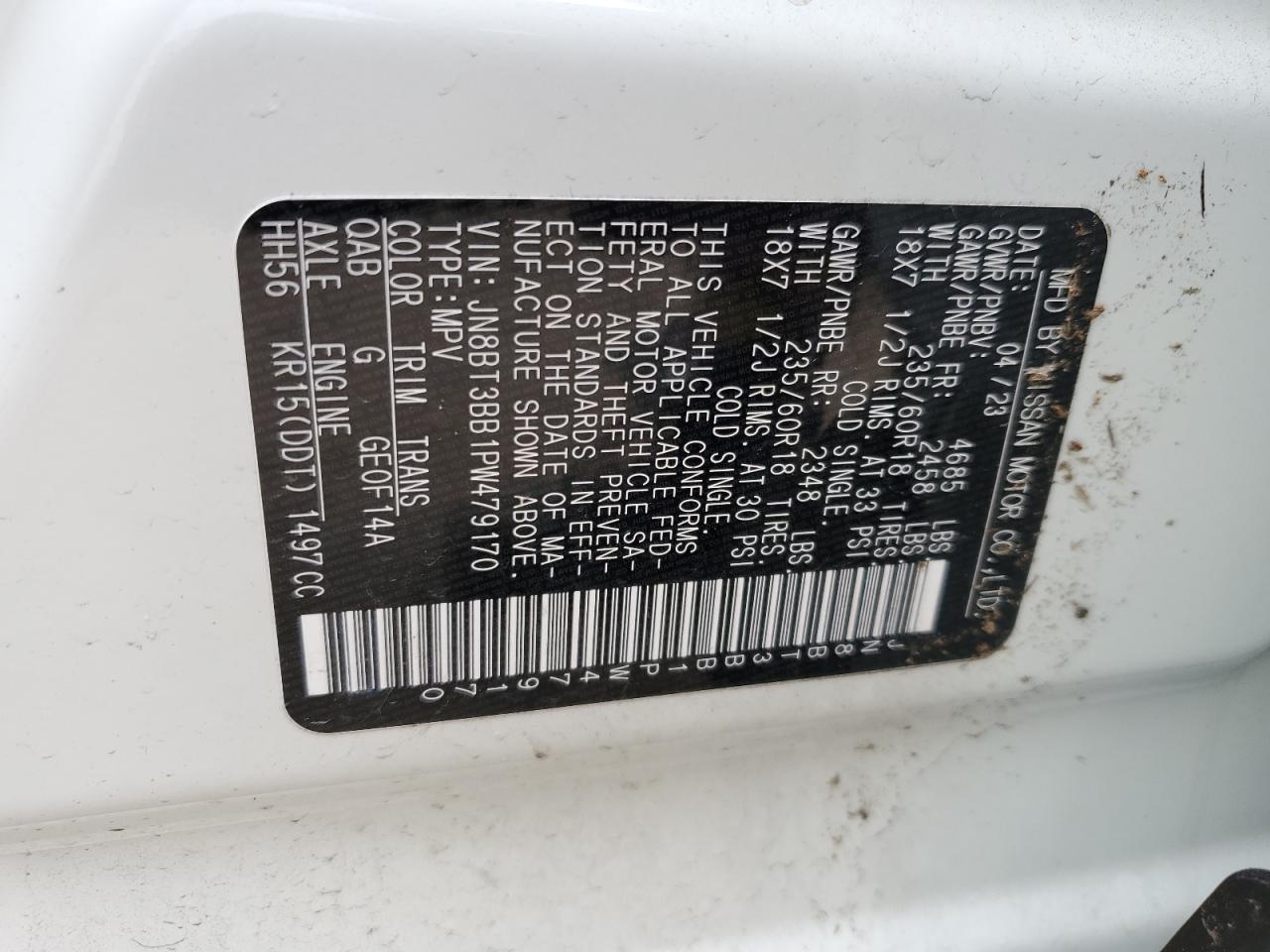 2023 NISSAN ROGUE SV VIN:JN8BT3BB1PW479170