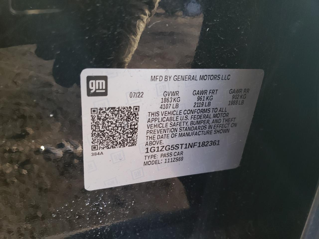 2022 CHEVROLET MALIBU RS VIN:1G1ZG5ST1NF182361