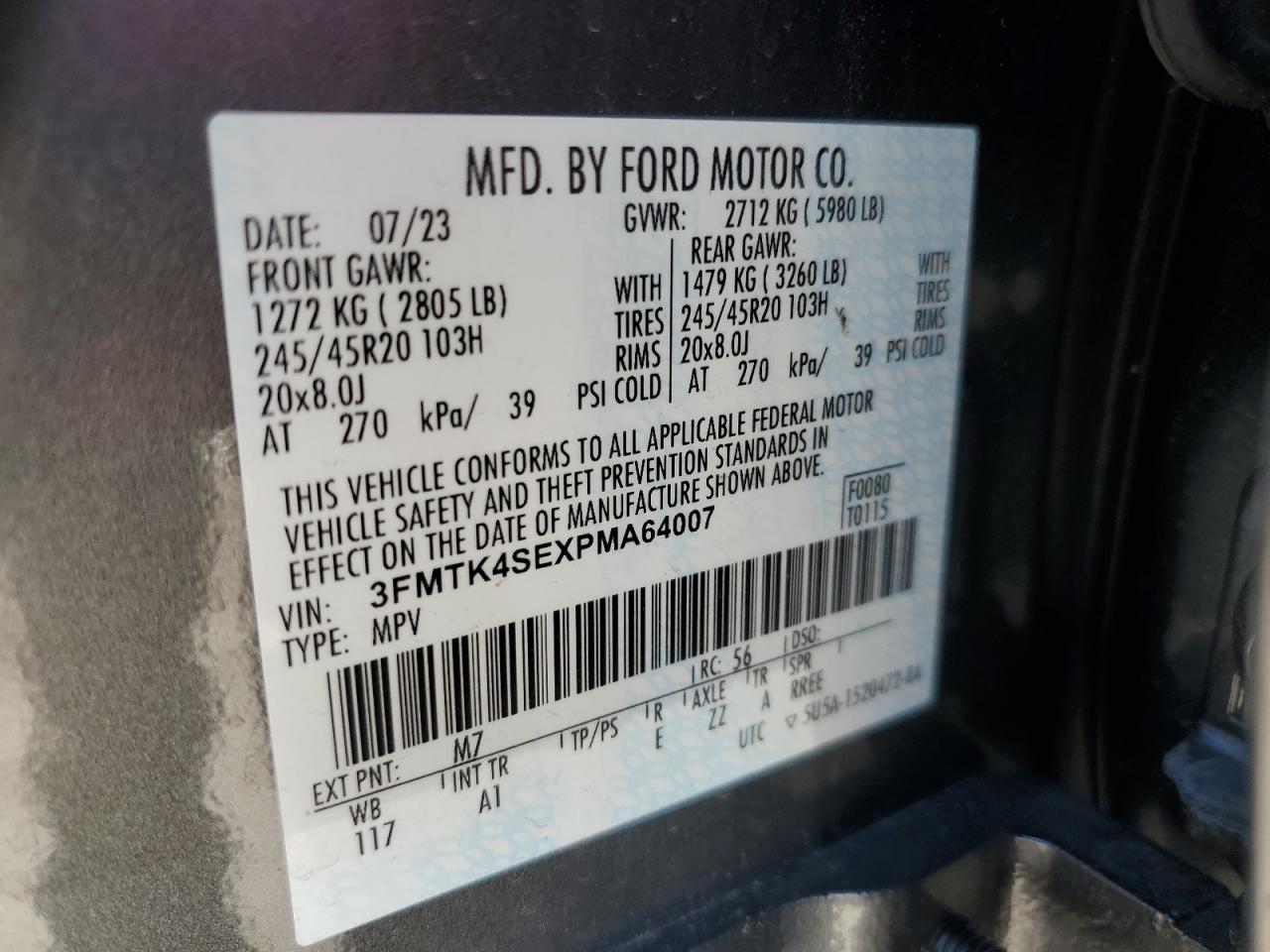 2023 FORD MUSTANG MACH-E GT VIN:3FMTK4SEXPMA64007