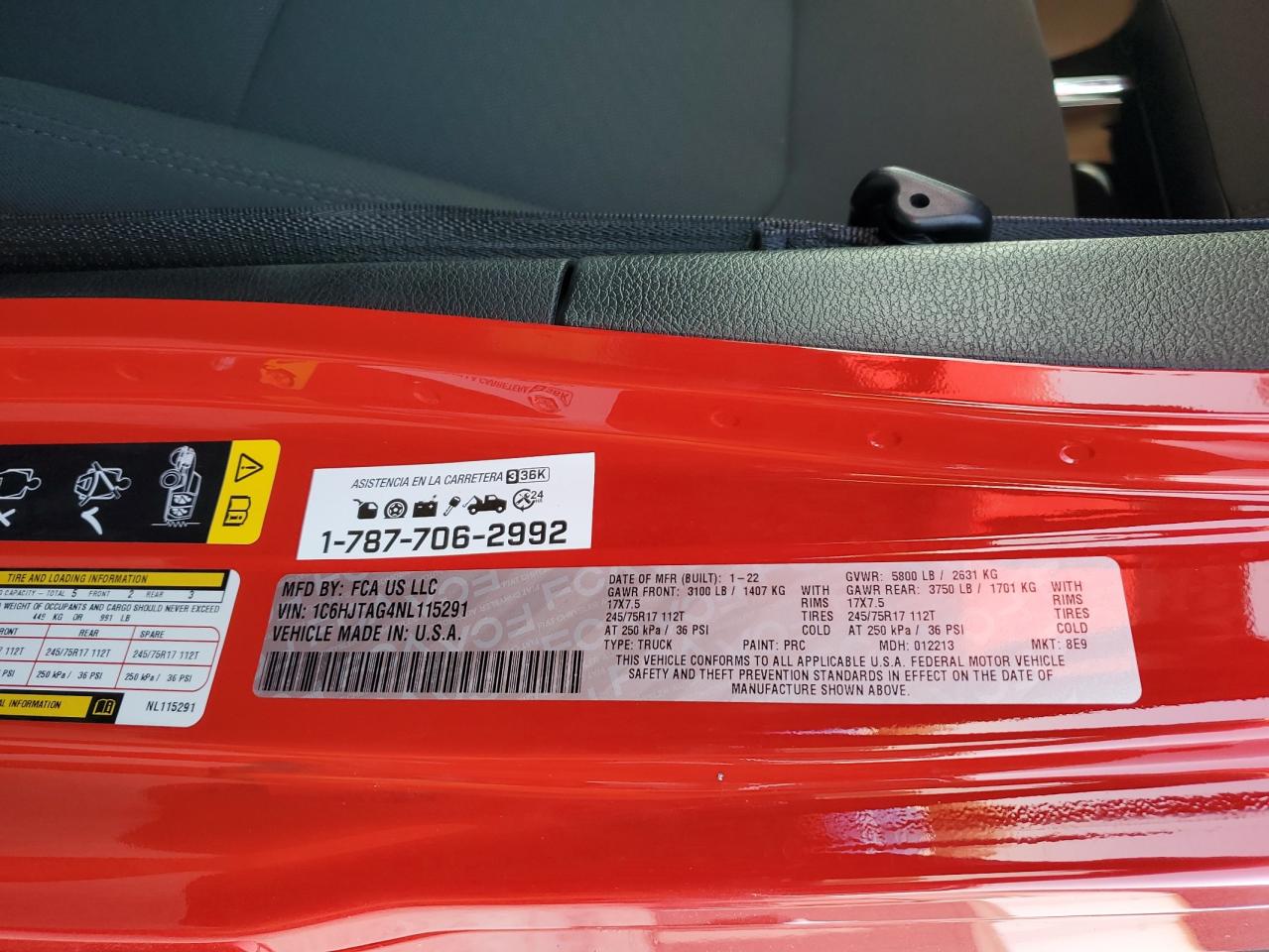 2022 JEEP GLADIATOR SPORT VIN:1C6HJTAG4NL115291