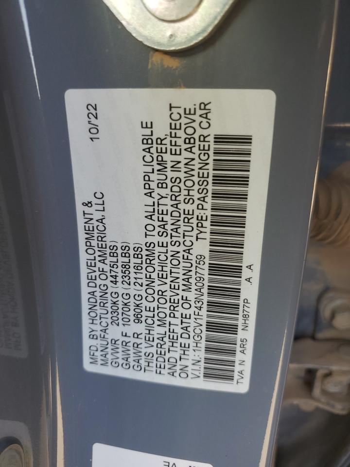 2022 HONDA ACCORD SPORT SE VIN:1HGCV1F43NA097759