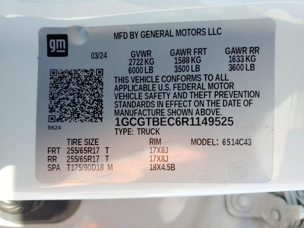 2024 CHEVROLET COLORADO  VIN:1GCGTBEC6R1149525