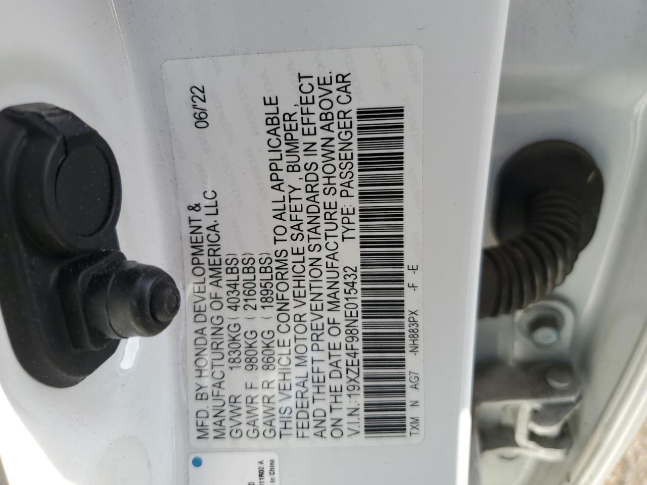 2022 HONDA INSIGHT TOURING VIN:19XZE4F98NE015432