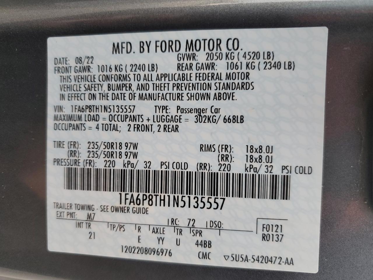 2022 FORD MUSTANG  VIN:JH4CU2F60AC014603