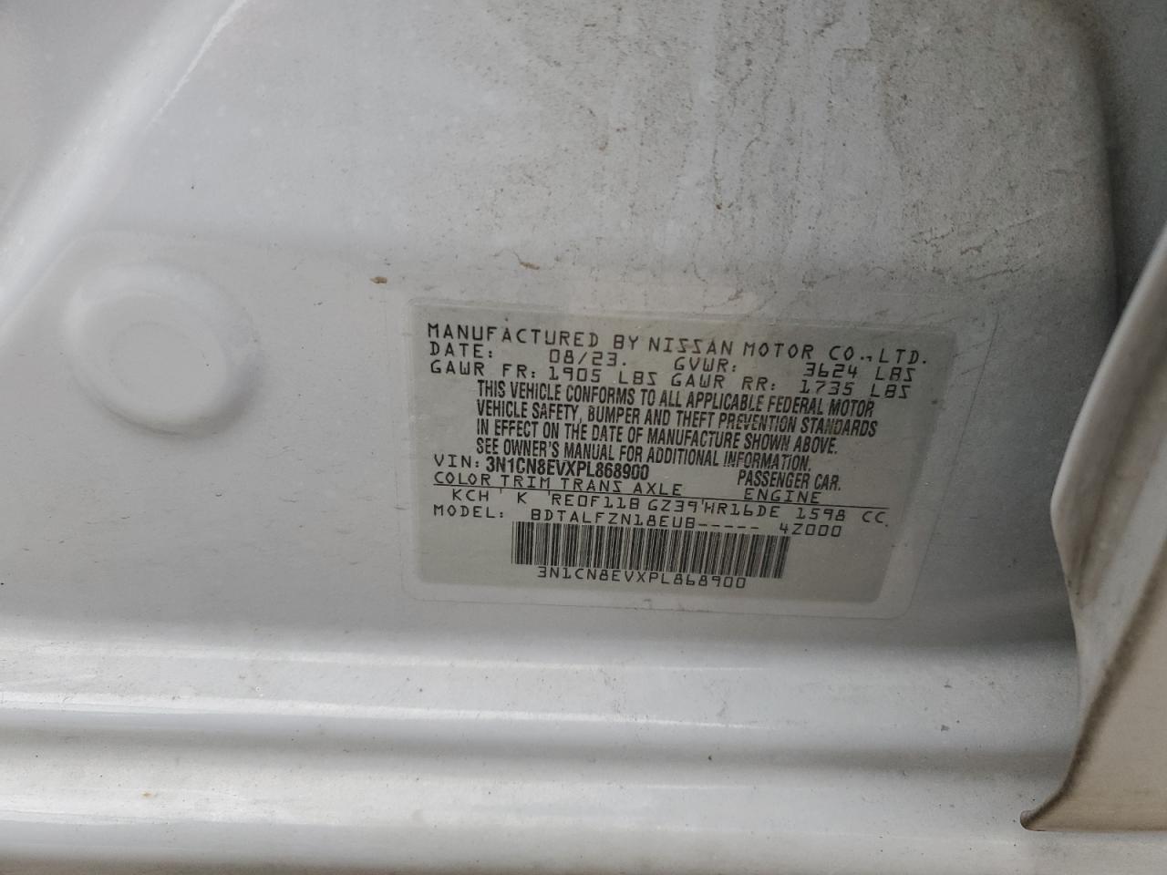 2023 NISSAN VERSA SV VIN:3N1CN8EVXPL868900