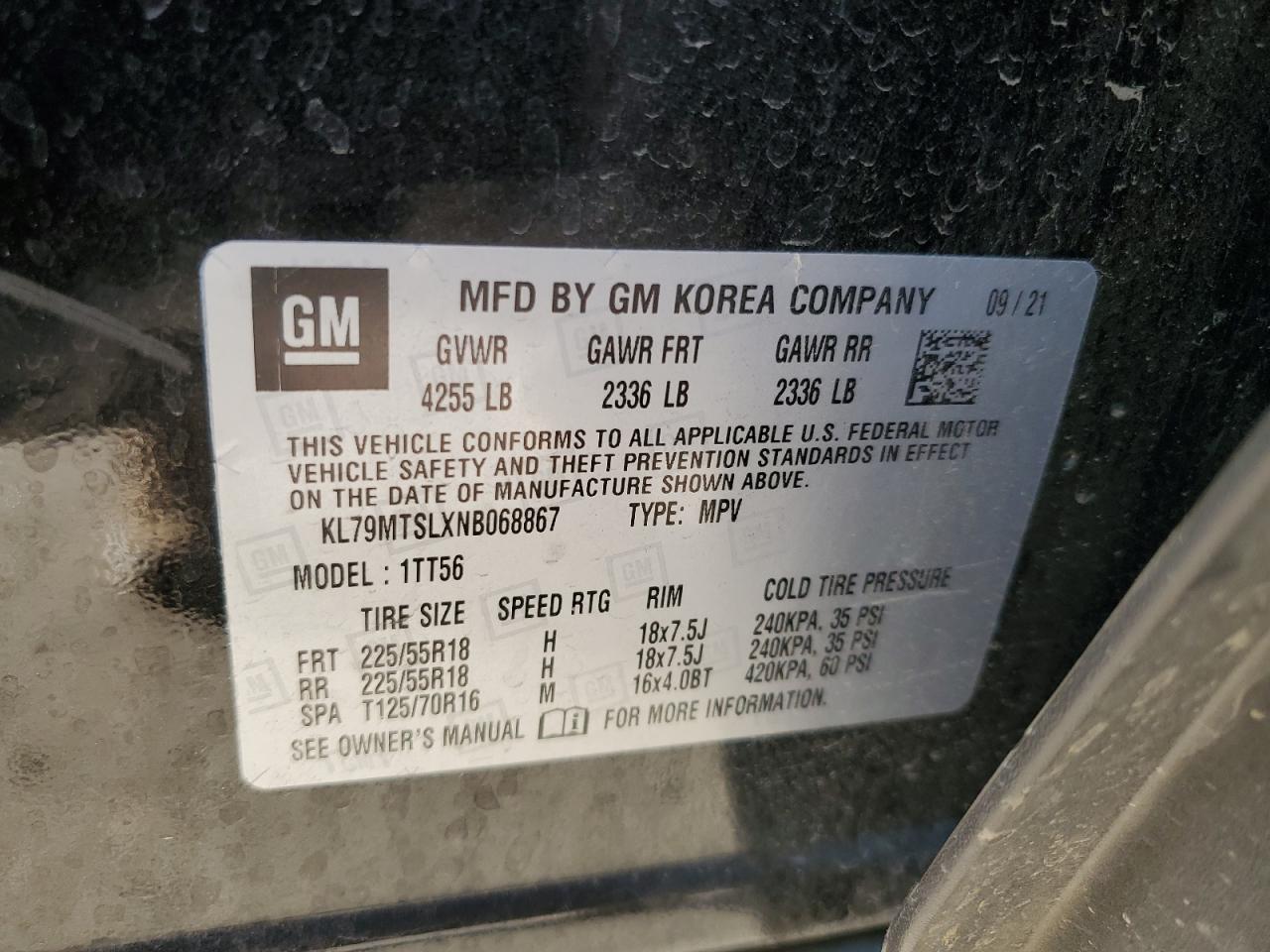 2022 CHEVROLET TRAILBLAZER RS VIN:KL79MTSLXNB068867