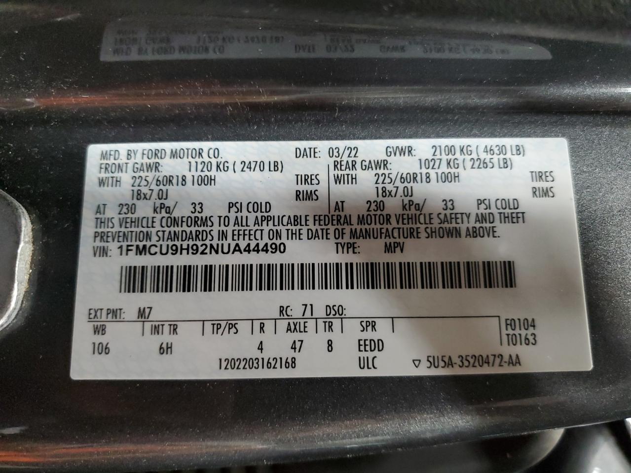 2022 FORD ESCAPE SEL VIN:1FMCU9H92NUA44490