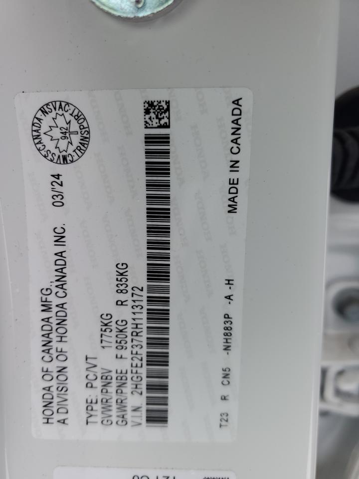 2024 HONDA CIVIC EX VIN:2HGFE2F37RH113172