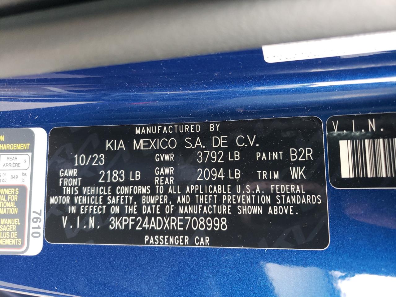2024 KIA FORTE LX VIN:3KPF24ADXRE708998