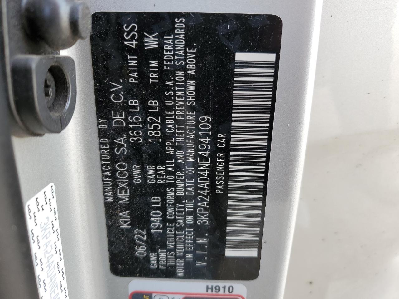 2022 KIA RIO LX VIN:3KPA24AD4NE494109