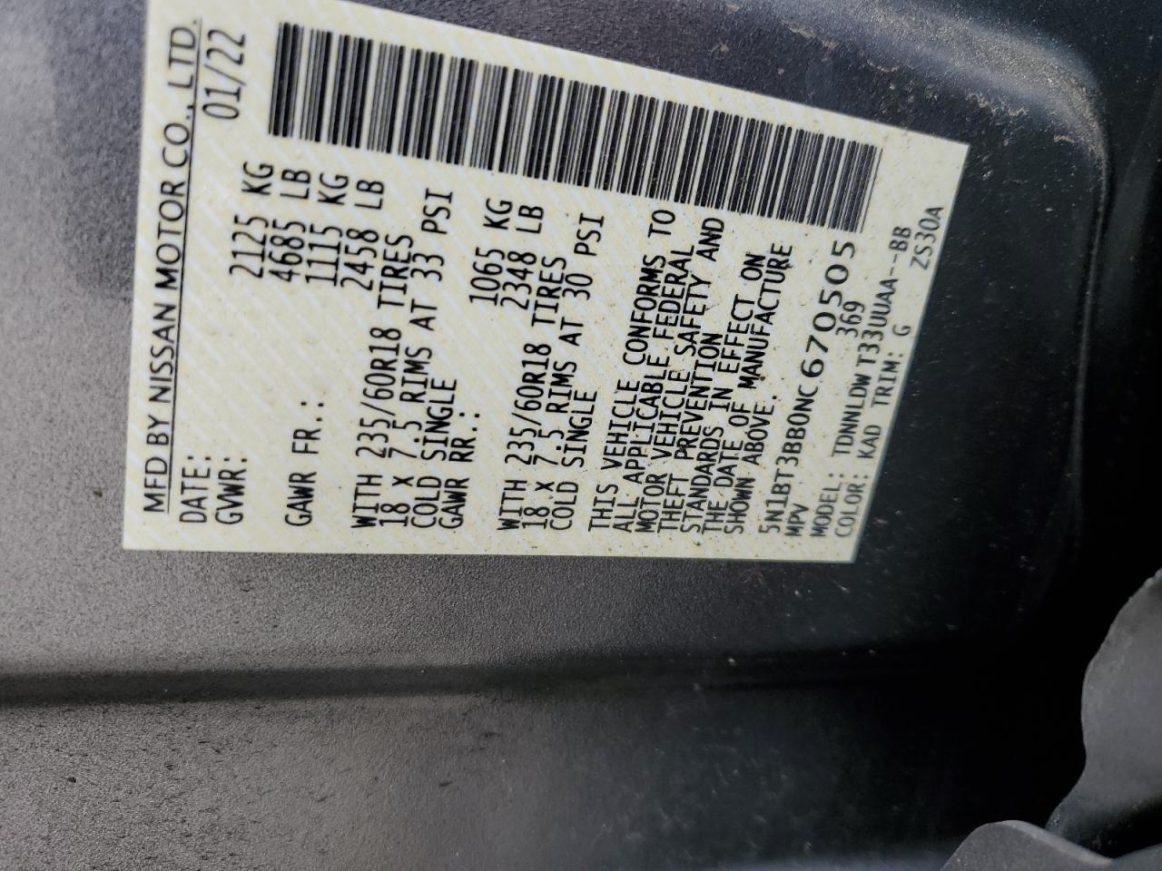 2022 NISSAN ROGUE SV VIN:5N1BT3BB0NC670505