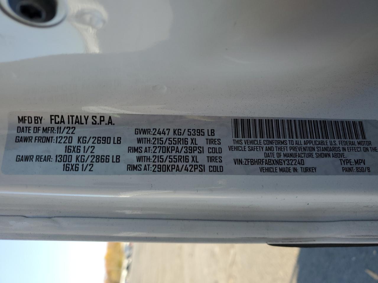 2022 RAM PROMASTER CITY TRADESMAN VIN:ZFBHRFABXN6Y32240