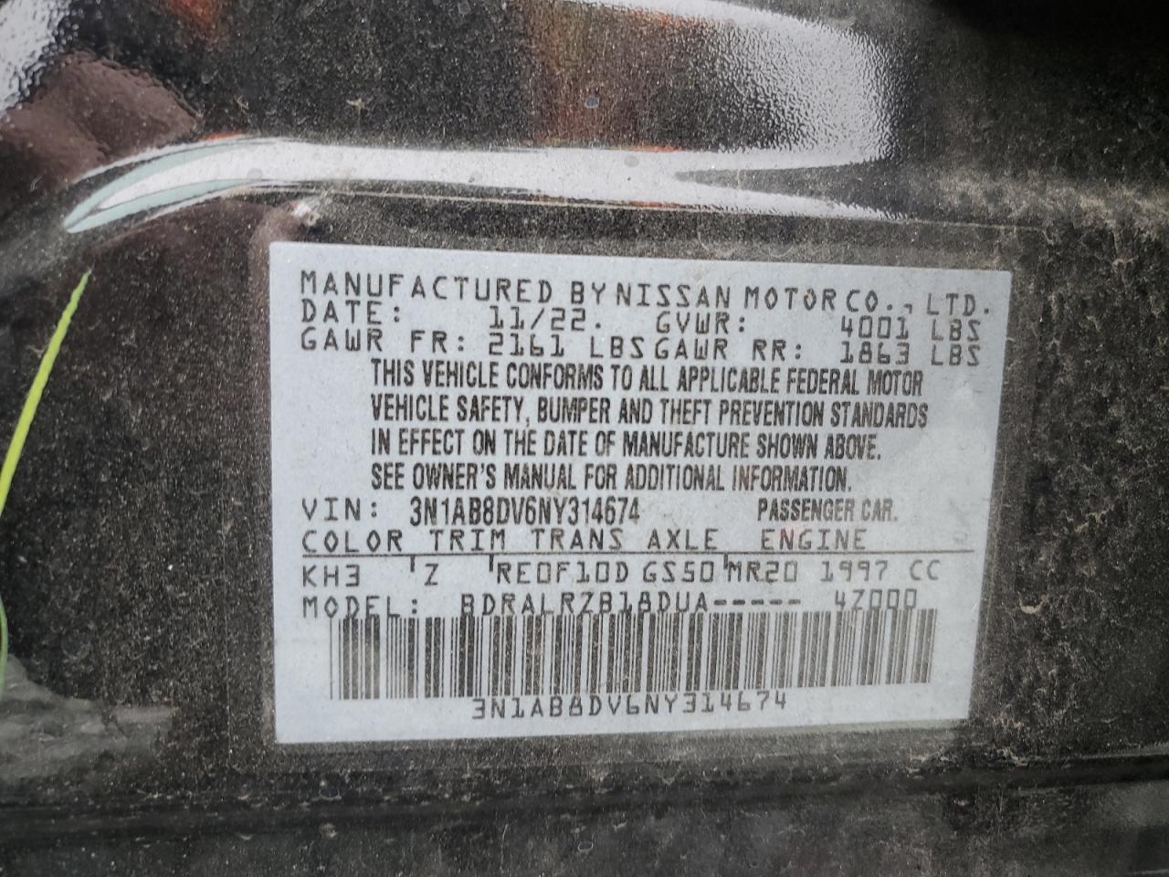 2022 NISSAN SENTRA SR VIN:3N1AB8DV6NY314674