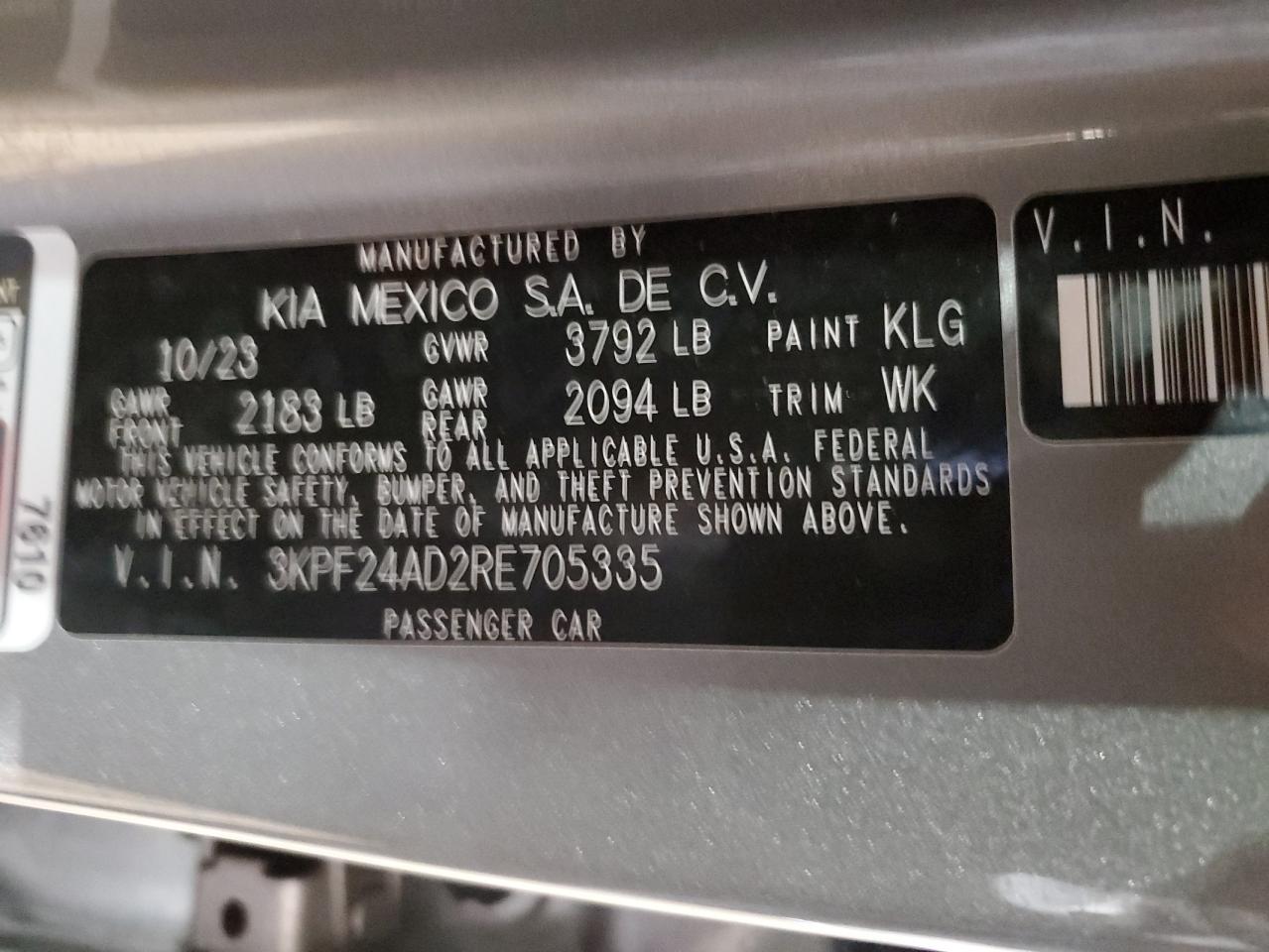 2024 KIA FORTE LX VIN:3KPF24AD2RE705335