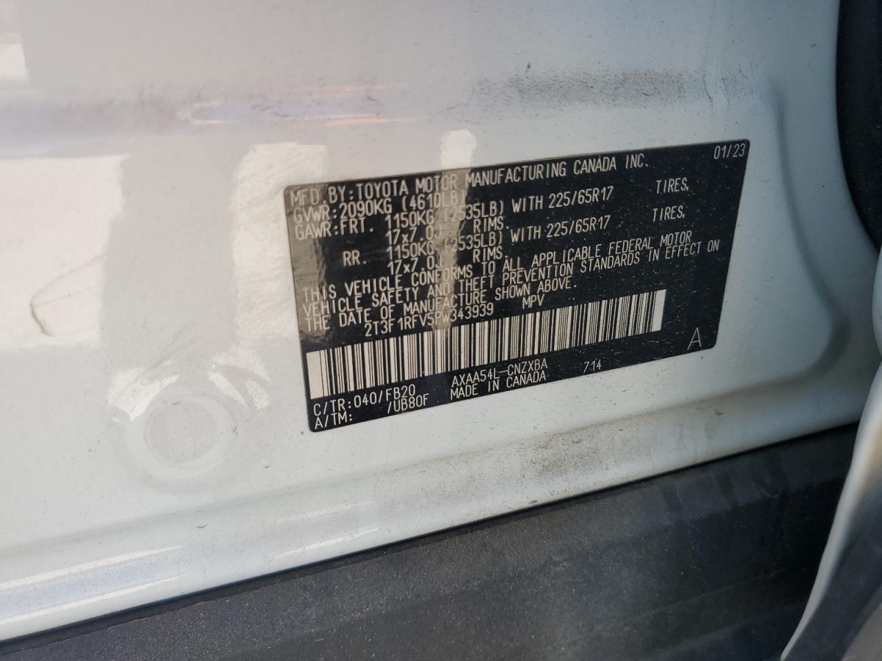 2023 TOYOTA RAV4 LE VIN:2T3F1RFV5PW343939