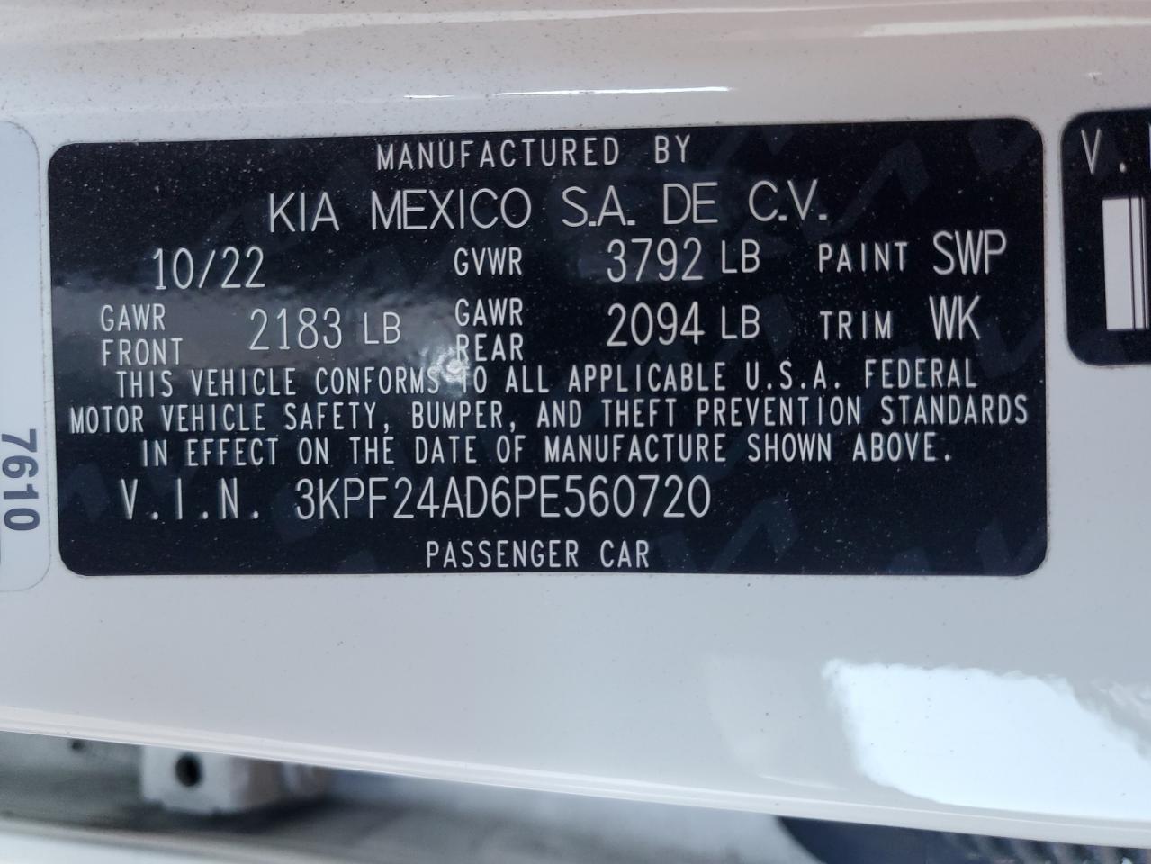 2023 KIA FORTE LX VIN:3KPF24AD6PE560720