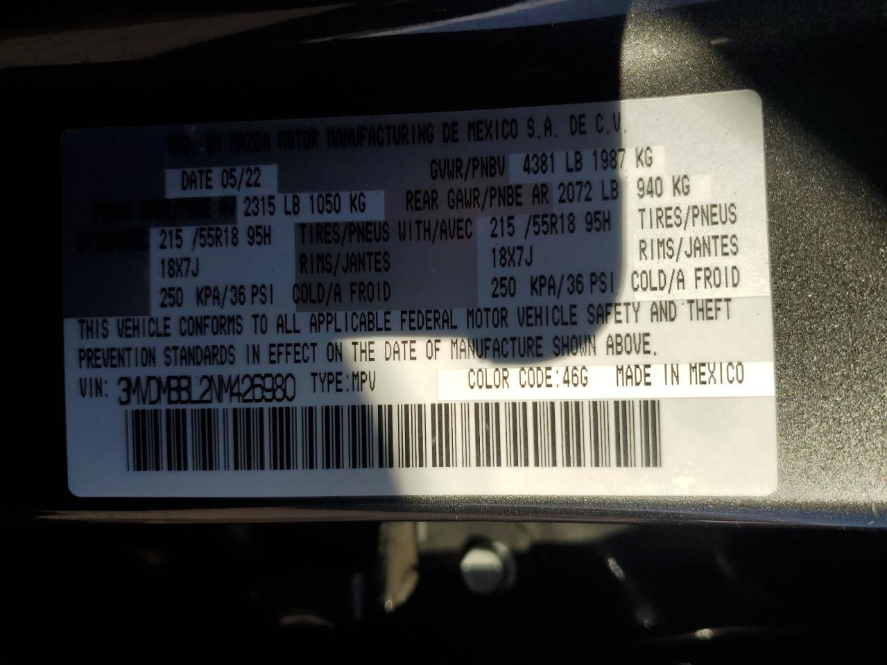 2022 MAZDA CX-30 SELECT VIN:3MVDMBBL2NM426980