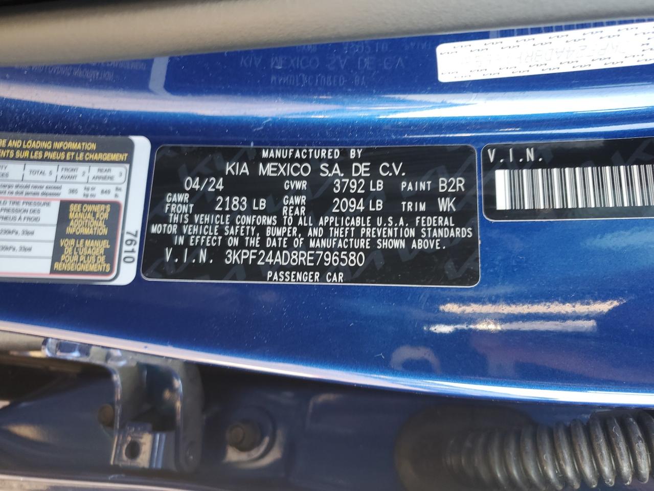 2024 KIA FORTE LX VIN:3KPF24AD8RE796580