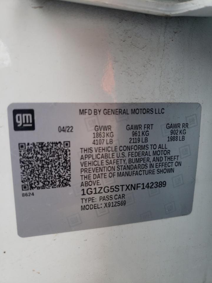 2022 CHEVROLET MALIBU RS VIN:1G1ZG5STXNF142389