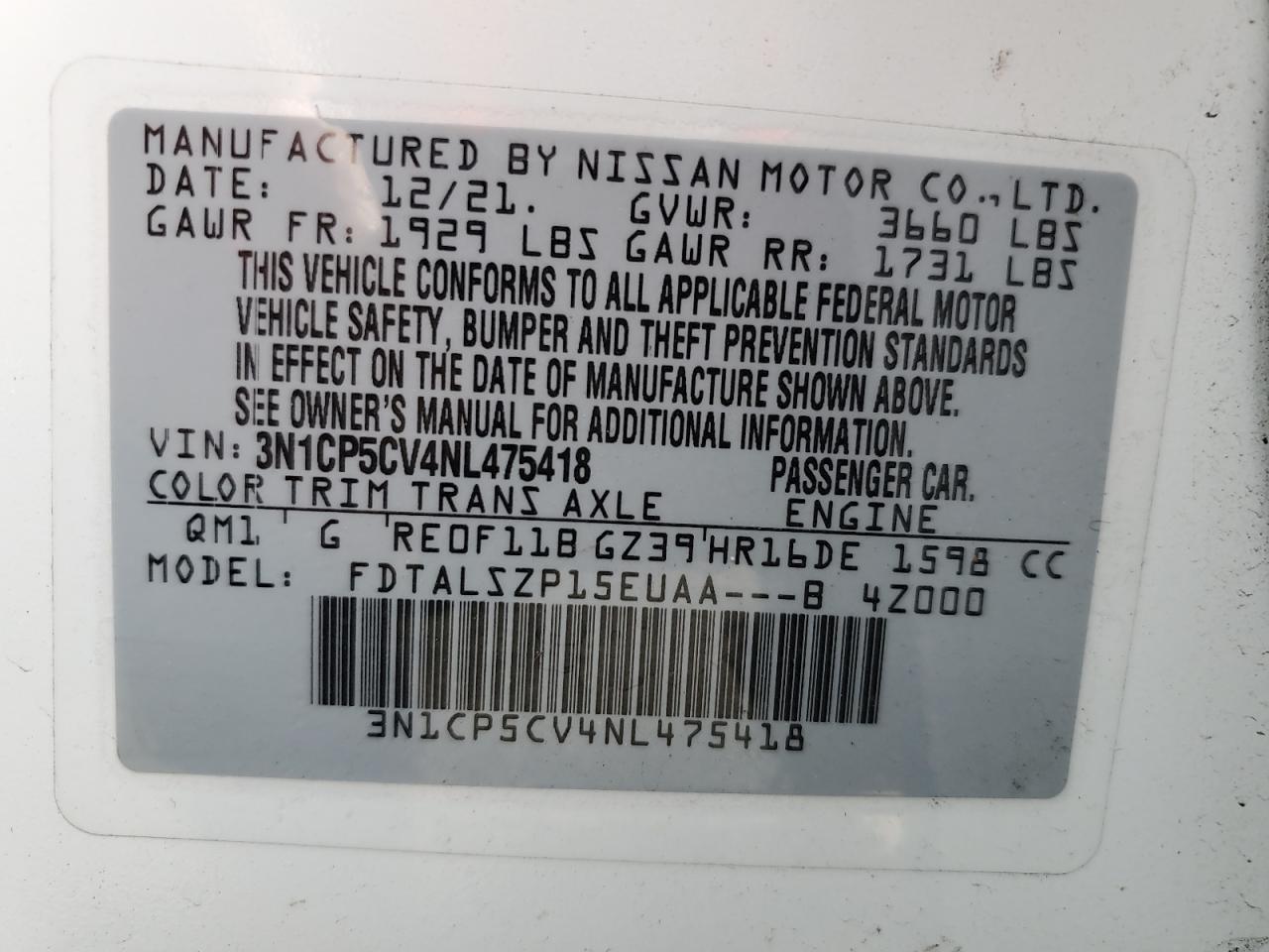 2022 NISSAN KICKS SV VIN:3N1CP5CV4NL475418