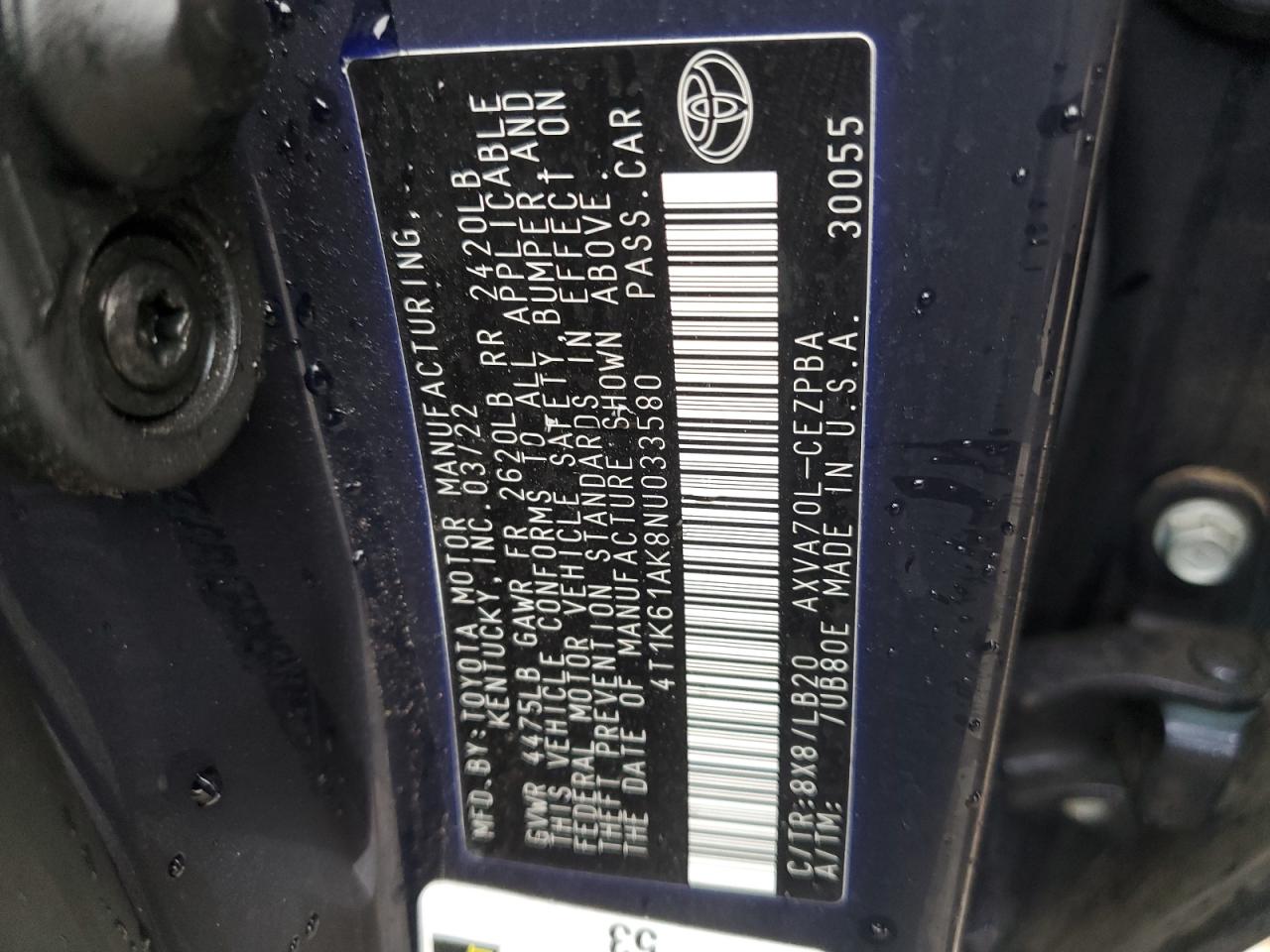 2022 TOYOTA CAMRY XSE VIN:4T1K61AK8NU033580