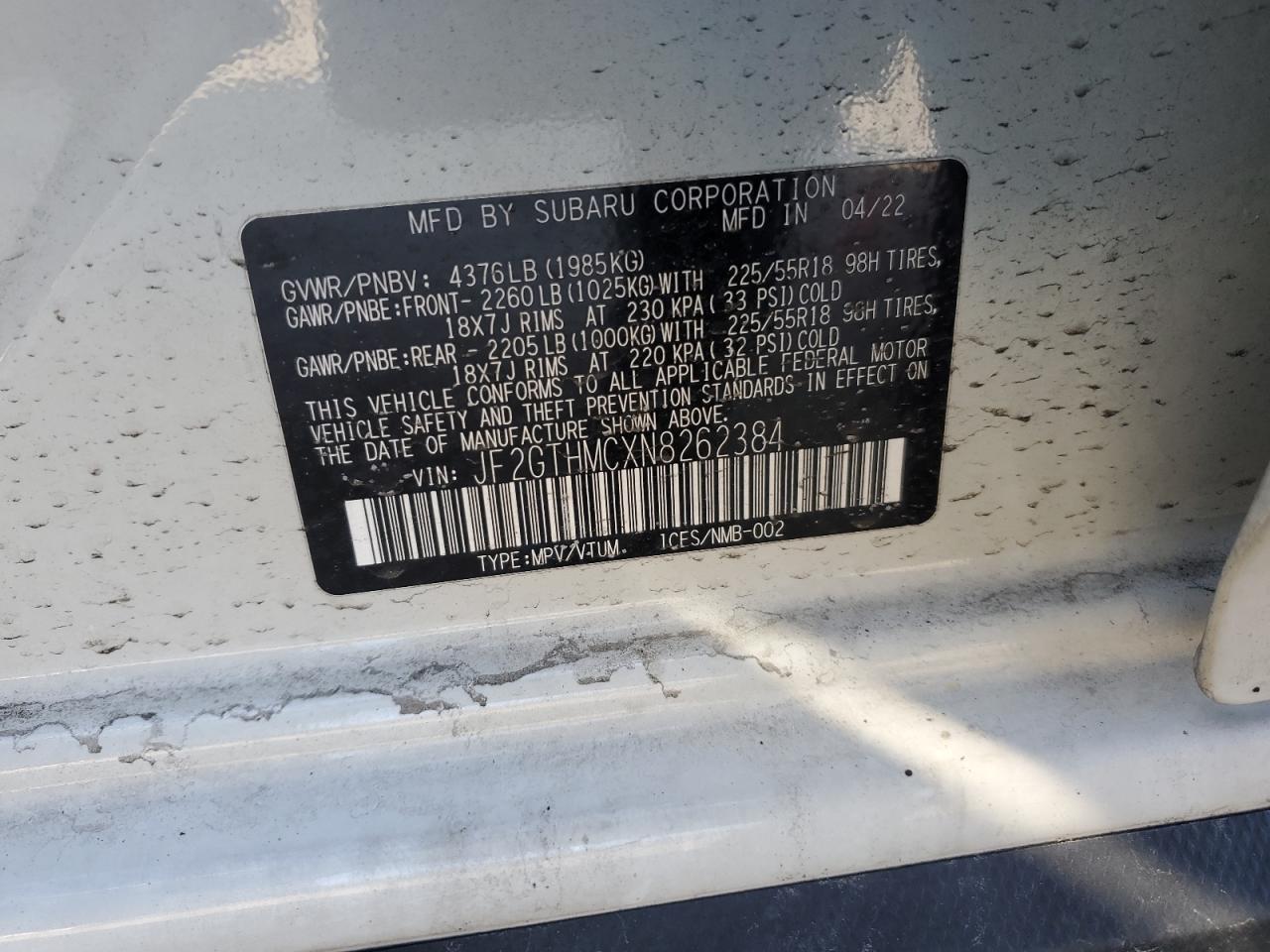 2022 SUBARU CROSSTREK LIMITED VIN:JF2GTHMCXN8262384