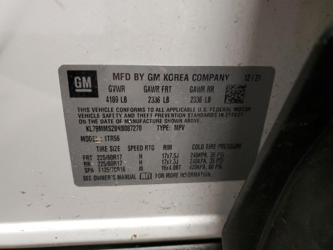 2022 CHEVROLET TRAILBLAZER LS VIN:KL79MMS28NB087270