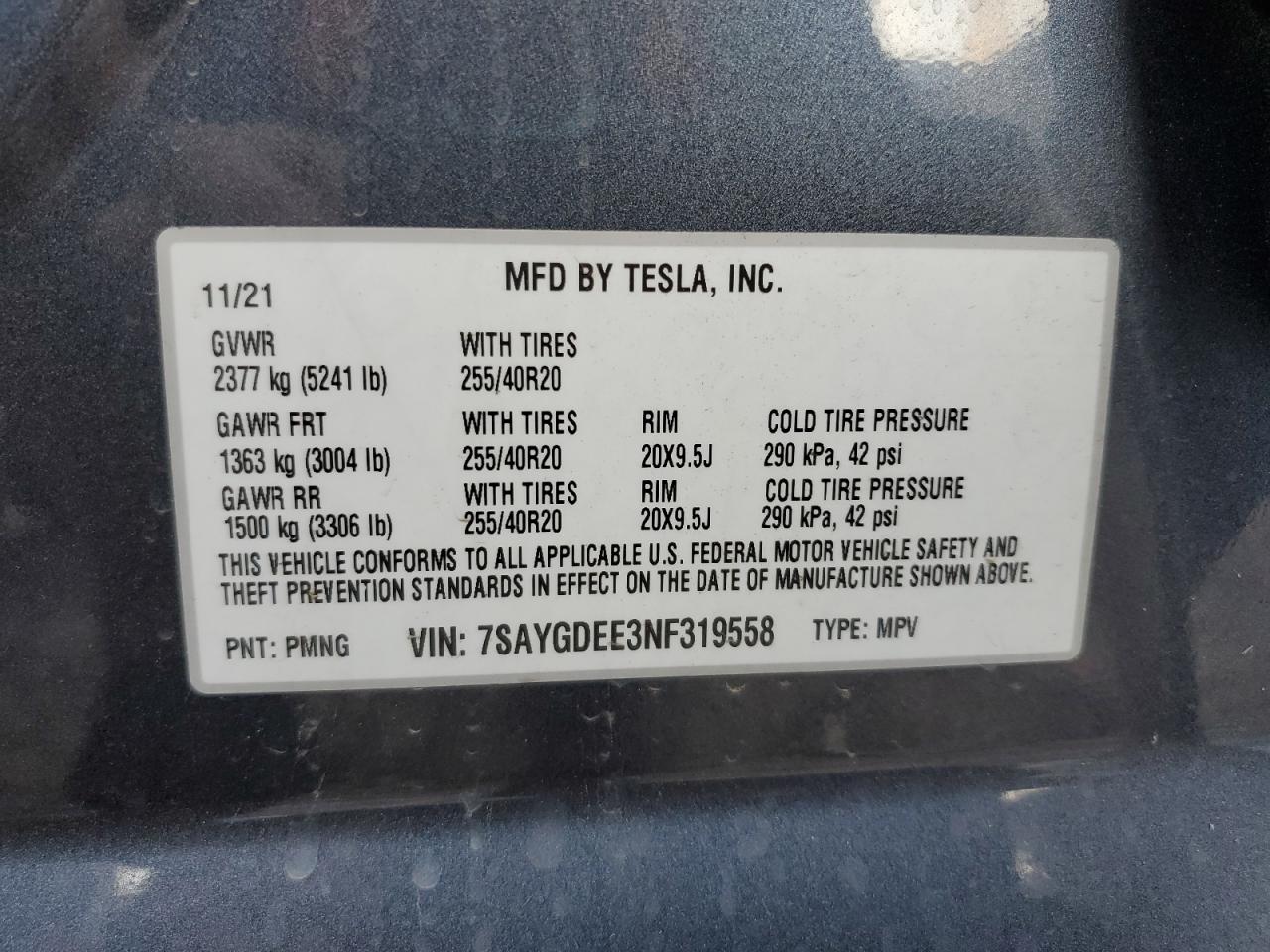 2022 TESLA MODEL Y  VIN:7SAYGDEE3NF319558