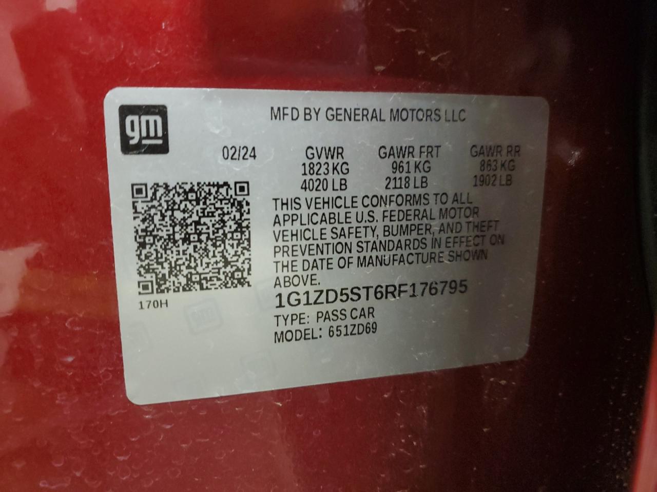 2024 CHEVROLET MALIBU LT VIN:1G1ZD5ST6RF176795