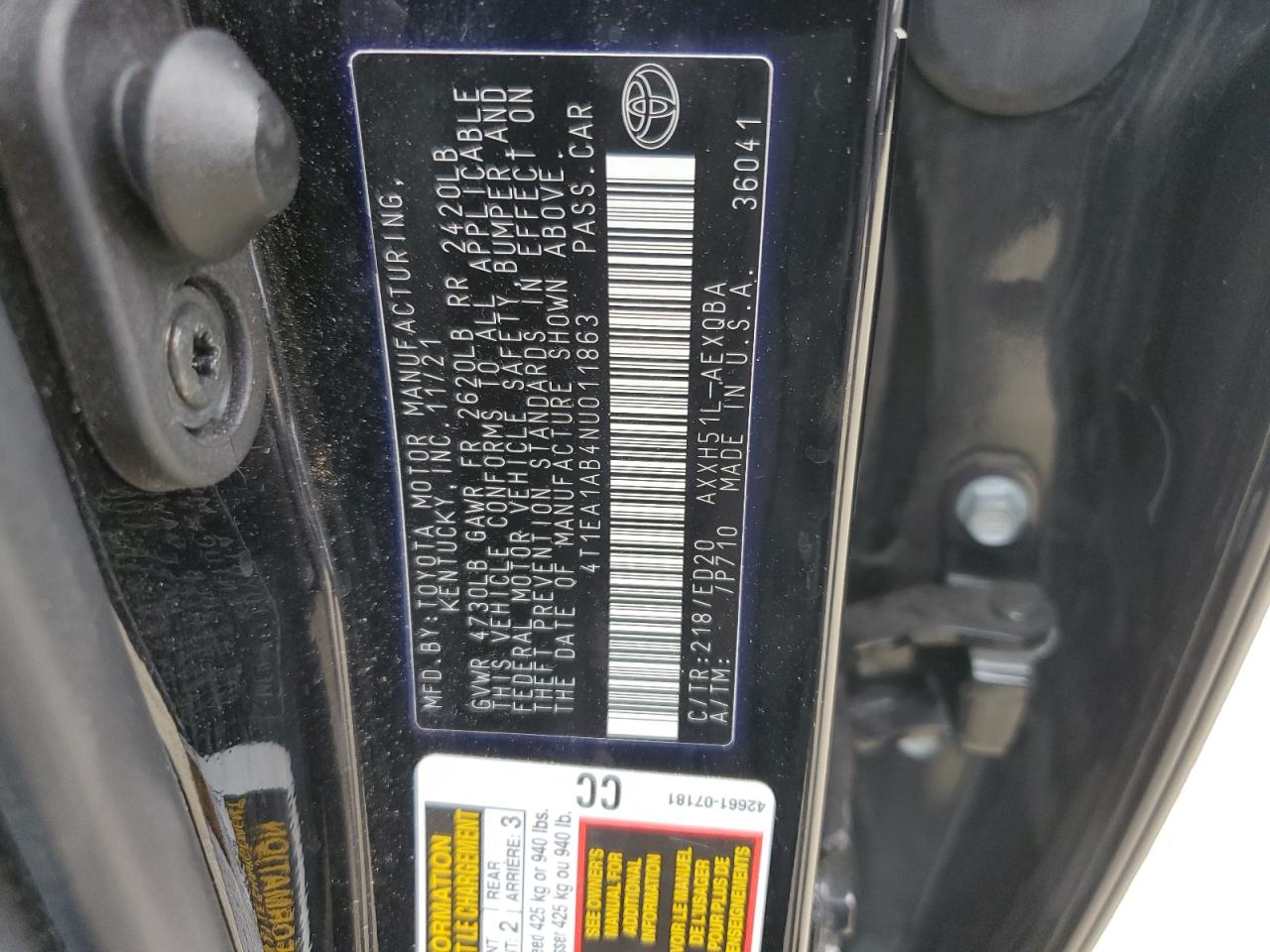 2022 TOYOTA AVALON NIGHT SHADE VIN:4T1EA1AB4NU011863